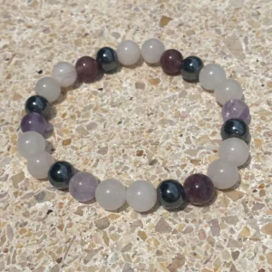 Pulseira Quartzo Cristal, Hematite e Ametista